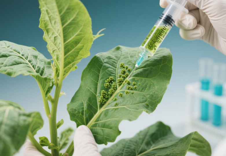 烟草叶片瞬时表达实验场景：科研人员使用无针头注射器将农杆菌菌液注射到本赛姆烟草叶片背面