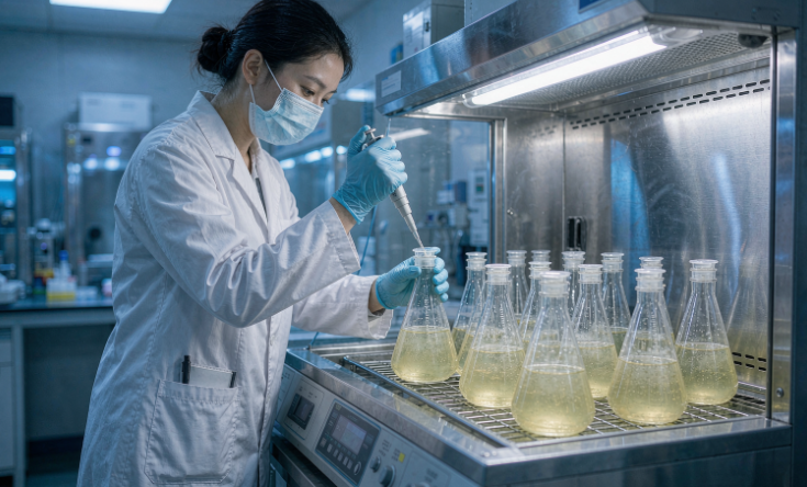 科研人员在进行重组蛋白诱导表达操作