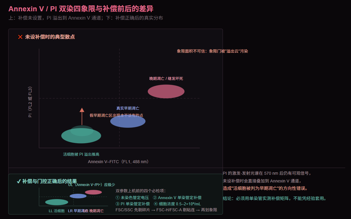 Annexin V/PI 四象限与补偿前后对比